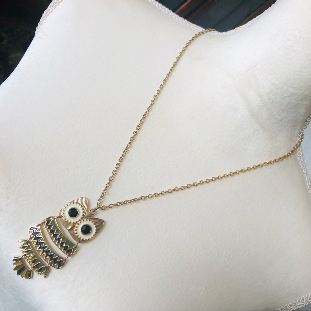 Modern vintage articulated owl pendant on chain necklace